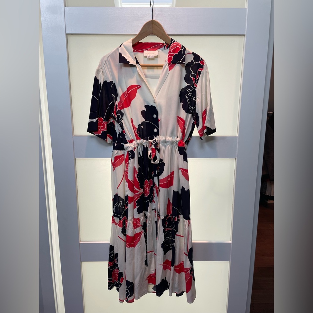 Anthropologie find- Elegant Belted  Floral Dress - Red, Black, White